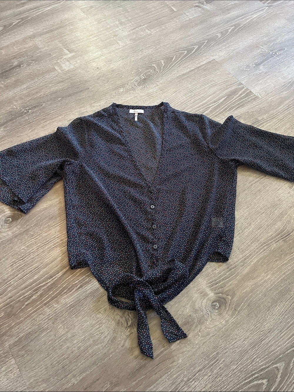Lina Navy Button-Front Tie-Hem Blouse with Tiny Multicolor Dots